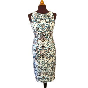 London Times Sleeveless Dress Size 4 Blue White Office Career Whimsical